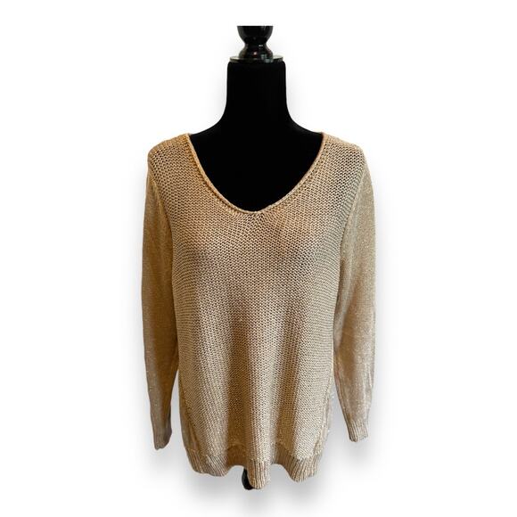 Chico's Womens Sweater Sz 2 L 12 Gold Metallic V-Neck - Picture 4 of 9